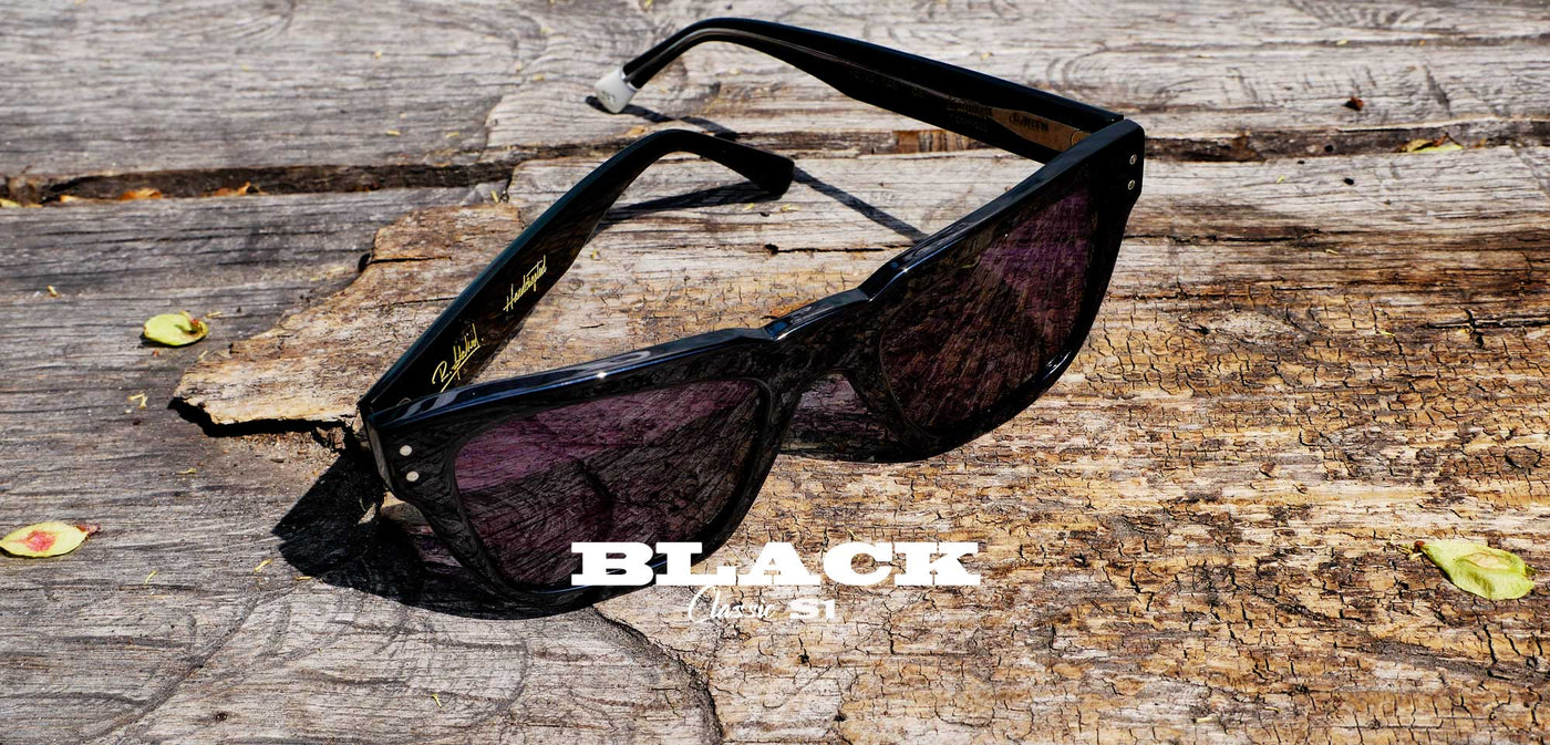 New Handmade Urban style black sunglasses limited edition. Cool Black trendy Sunglasses. Eye glasses design by Rob Adalierd. Photo by Rob Adalierd. Handmande black sunglasses gender neutral universal fit frame. California. Best Canada Brand